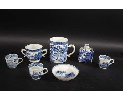 CHINESE BLUE &amp; WHITE TANKARD probably 19thc, painted with a variety of figures and buildings within a landscape, and with