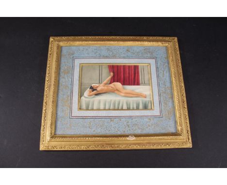 INDIAN SCHOOL PAINTING - RECLINING NUDE, R.S NEPALIA a framed painting with a depiction of a reclining nude figure on a bed, 