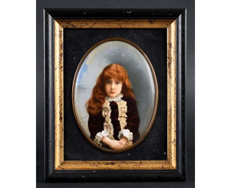 KPM PORCELAIN PLAQUE - SIGNED 'M BEETZ' an oval plaque painted with a 3/4 length portrait of a girl with red hair, wearing ve