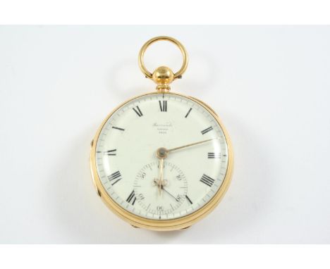 AN 18CT GOLD OPEN FACED POCKET WATCH BY BARRAUDS, LONDON the signed white enamel dial with Roman numerals and subsidiary seco