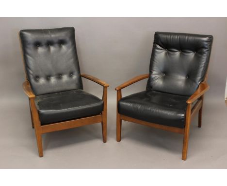 CINTIQUE - PAIR OF MID CENTURY DESIGNER CHAIRS a pair of wooden framed chairs, with black leather button upholstery to the se