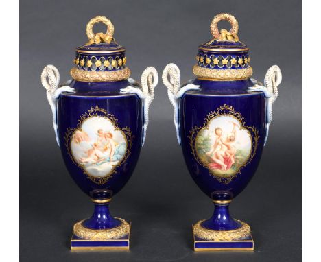PAIR OF MEISSEN VASES &amp; COVERS a pair of late 19thc vases in the manner of Boucher, with painted panels to each side with