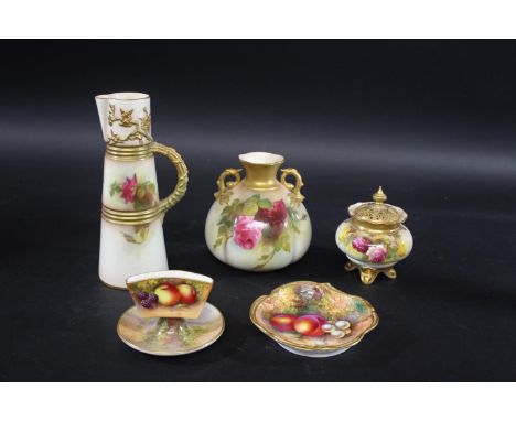 ROYAL WORCESTER - SIGNED ITEMS five various items including a two handled globular vase painted with roses signed E M Fildes 