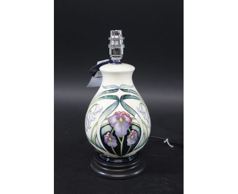 MOORCROFT LAMP  in the Sorrow &amp; Laughter design, mounted on a wooden base. With a Moorcroft shade. Marked, Moorcroft, Mad