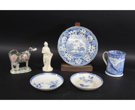 PEARLWARE including a blue and white tankard with a transfer printed design of buildings by a lake, and a steamer and small f