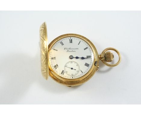 AN 18CT GOLD HALF HUNTING CASED POCKET WATCH BY J.W. BENSON, LONDON the signed white enamel dial with Roman numerals and subs