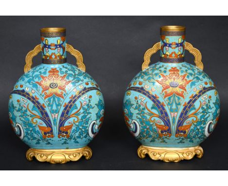 PAIR OF 19THC ROYAL WORCESTER AESTHETIC MOVEMENT PILGRIM FLASKS  in the Chinese style and possibly designed by Christopher Dr