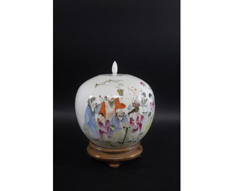 LARGE CHINESE LIDDED JAR probably early 20thc, the large globular jar painted on one side with a variety of figures. The reve