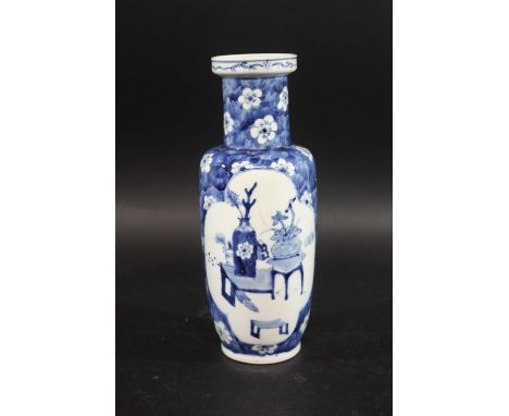 CHINESE ROULEAU BLUE &amp; WHITE VASE a late 19thc vase with shaped panels to each side painted with a vase and jardiniere on