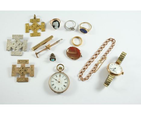 A QUANTITY OF JEWELLERY  including a 22ct gold wedding band, 6.4 grams, a 14ct gold open faced pocket watch, with metal inner