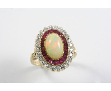 AN OPAL, RUBY AND DIAMOND CLUSTER RING the oval-shaped white opal is set within a surround of calibre-cut rubies and circular