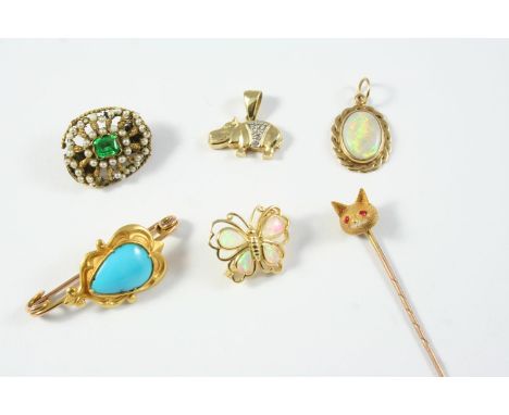 A QUANTITY OF JEWELLERY including an opal and gold butterfly brooch, a green paste and pearl set brooch, a gold fox mask stic