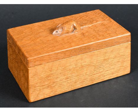 ROBERT THOMPSON OF KILBURN - MOUSEMAN BOX a rectangular shaped oak adzed box, with carved mouse to the lid. 19cms by 11cms