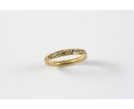 A GEORGE II GOLD AND BLACK ENAMEL MOURNING RING with inscription for Tho Garland dated 1757. Size L 1/2