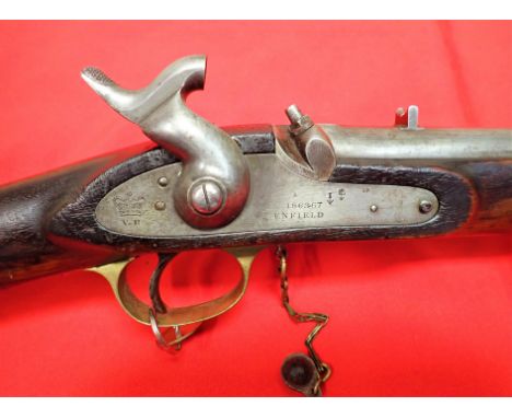 1856 British Enfield cavalry percussion saddle ring carbine 1863/67.  The flat lock plate is marked “1863. 67 ENFIELD” I/I\ i
