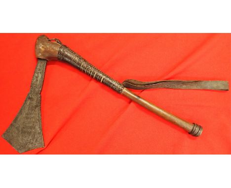 Antique African tribal axe. Features worked steel axe head 32cm x 11.6cm with interesting tribal pattern to both faces, blade