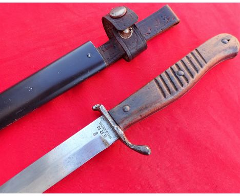 Imperial German WW1 regimentally numbered trench knife &amp; scabbard by Ern Wald Rheinl, Rasiermesser Fabrik. Features woode