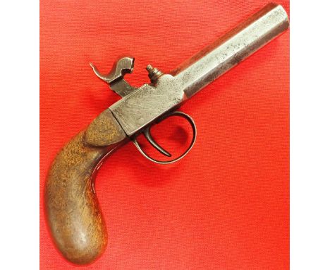 1840s French Belgian percussion pocket travelling pistol. Plain wooden handle with one piece 14.3cm steel box frame and hexag