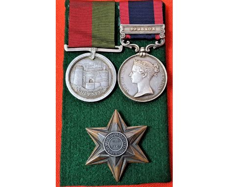 Victorian British Army medal group of 3 to Private G. Warburton, 16th Lancers. Ghuznee Medal 1839, impressed on the rim GEORG