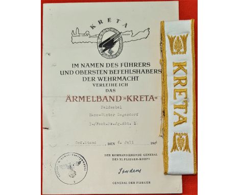 WW2 German Luftwaffe Kreta cuff title &amp; award document. Cuff title has the yellow embroidered KRETA with acanthus leaves,