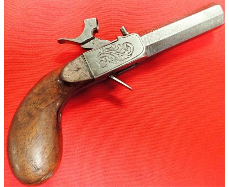 1840s French Belgian Damascus percussion pocket travelling pistol. Plain wooden handle with13.5cm steel box frame and Damascu