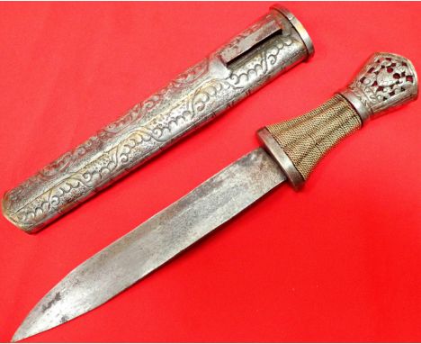 19th century Tibetan dagger with scabbard. Steel hilt and guard with wire twist grip, 21.5cm single edged blade. Incised stee