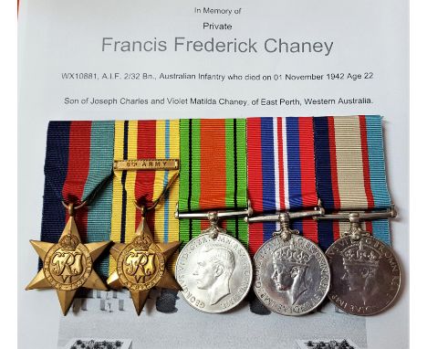 WW2 Australian Army El Alamein ‘killed in action’ group of 5 medals to Private F.F. Chaney, who served ‘B Coy’, 2/32nd Battal