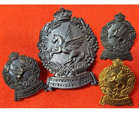 1930-42 Australian Army Veterinary Corps cap &amp; collar badges (4). Oxidised cap and collar full set of 3 &amp; 1 brass col
