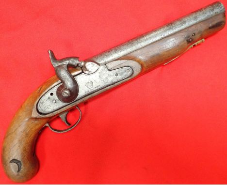 1840s British Brown Bess musket converted tower percussion pistol. Features walnut stock and grip. Nice tight movement to tri