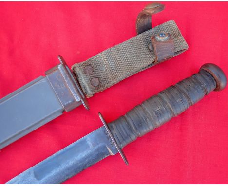 WW2 U.S.M.C. Navy USN Mark 2 Ka-Bar pattern fighting knife &amp; scabbard. Features a stacked leather scabbard with flat stee