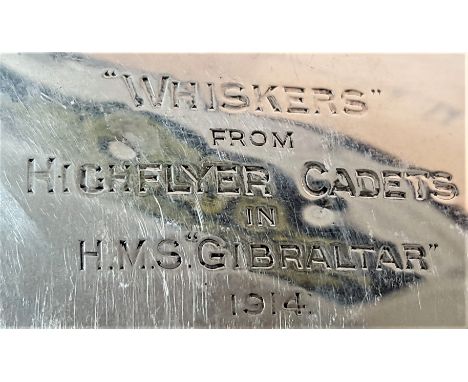 WW1 British Royal Navy hallmarked silver cigarette case. Inscribed on lid ‘WHISKERS’ From HIGHYER CADETS in H.M.S. GIBRALTAR 