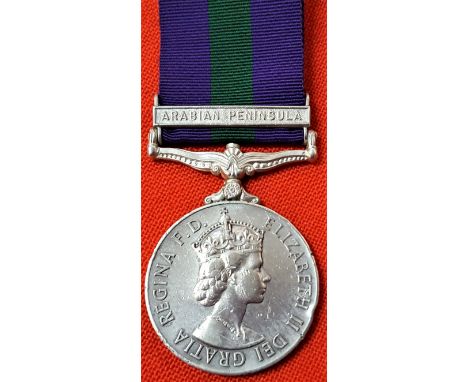 British General Service Medal 1918-1962 (QEII) to Aden protectorate Levies. Medal with clasp ‘ARABIAN PENINSULA’. Impressed n