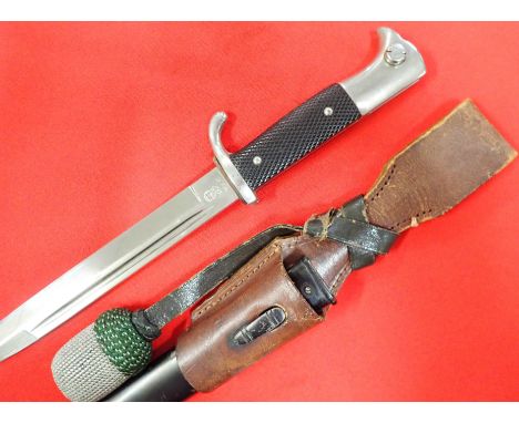 WW2 German KS98 dress bayonet, scabbard &amp; knot by W.K.C.. Birds head nickel pommel, with working locking button, chequere