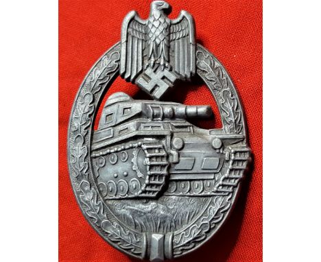 WW2 German Army panzer assault badge in silver by A.D. Schwerdt, Stuttgart.Two piece die struck, dull finish &amp; sharp deta