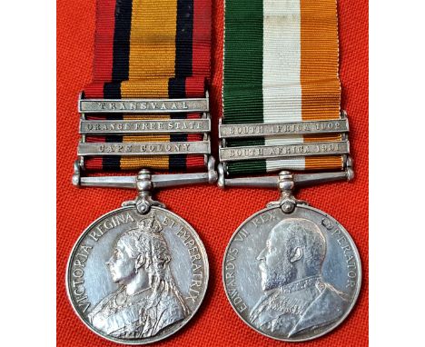 British Army Boer War medal pair to Gunner T. Patterson, Royal Artillery.Queen's South Africa Medal, 1899-1902, with pronounc