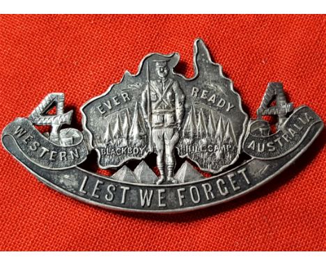 WW1 era Western Australian 44th Battalion/Blackboy Hill sweet heart silver badge. Shows soldier at attention, in front of map