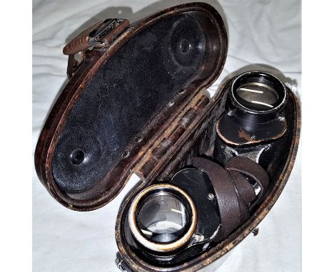 WW2 German set of field binoculars in carry case by Swarovski. Black enamel finished binoculars, showing some field use &amp;