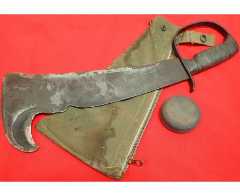 WW2 U.S. woodsman’s pal fighting machete knife with sheath &amp; grindstone. Features stacked leather handle with blackened s