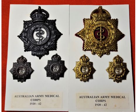 1930-42 Australian Army Medical Corps badges (6). Oxidised cap and collar full set of 3 &amp; brass cap and collar full set o