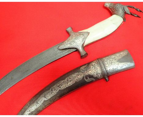 1900’s Indo Persian damascus blade dagger with koftgari handle &amp; scabbard. Gazelle pommel with ornate cross guard and whi