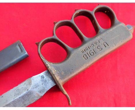 WW1 U.S. 1918 trench knife L.F &amp; C with scabbard. Features cast brass knuckle guard with period factory chemical blackeni