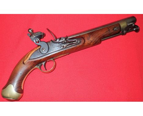 1800s British Tower flintlock military pistol with regiment markings.  Two British proofs are stamped on the rear left side o