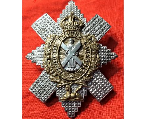 WW2 era British Army Black Watch (Royal Highlanders) officer’s cap badge. 3 piece, die stamped, of white metal, gilt finished