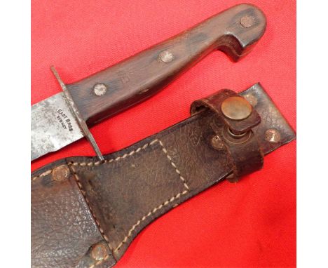 WW2 Australian Army combat utility knife &amp; scabbard by East Bros. Features plain wooden grips with 3 flathead rivets, ori