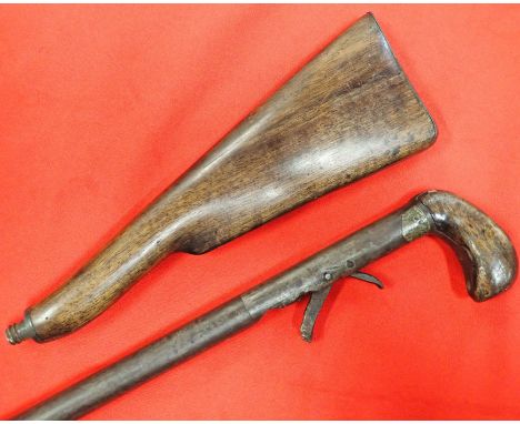 1850s Days patent percussion single shot firearm walking cane with buttstock. Features walnut walking cane grip, worn Days ma