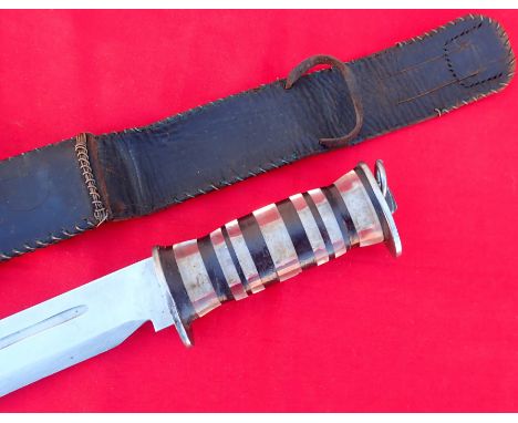 WW2 U.S. long blade EGW fighting knife &amp; scabbard by E.G. Waterman. Features a Pacific theatre customised Perspex and sta