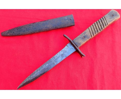 Imperial German WW1 trench knife &amp; scabbard by Deutsche Maschinenfabrik A.G. of Duisburg. Features riveted wooden grips w