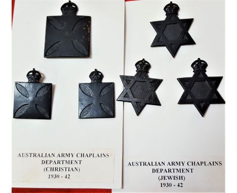 1930-42 Australian Army Chaplains Department badges (6). Christian oxidised cap and collar full set of 3. Jewish oxidised cap