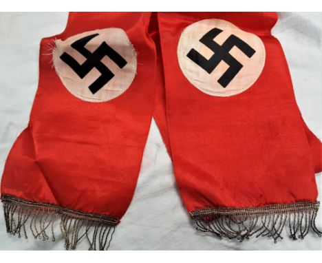 WW2 German funeral sash streamer.Full length silken red sash, with twist gilt bullion tassels, with 2 x two-piece white circl