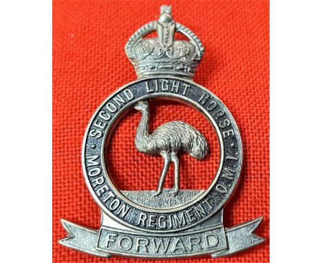 1930-42 2nd Australian Light Horse Regiment (Moreton Light Horse) cap badge. White metal. Scarce.